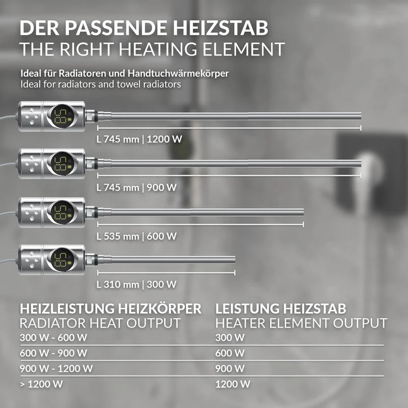 Heizstab 300W Chrome mit Thermostat und LCD Bildschirm LuxeBath