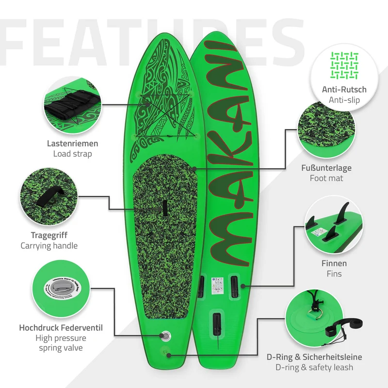 Stand Up Paddle aufblasbares SUP Board Makani 320x80x15 cm in Grün aus PVC inkl. Pumpe und Tragetasche