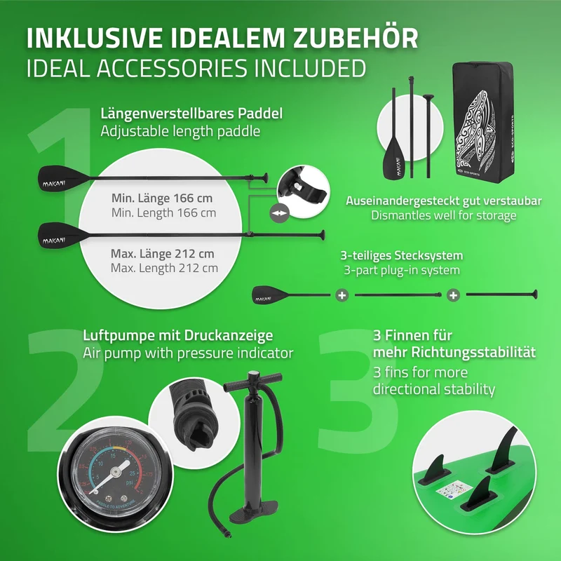 Stand Up Paddle aufblasbares SUP Board Makani 320x80x15 cm in Grün aus PVC inkl. Pumpe und Tragetasche