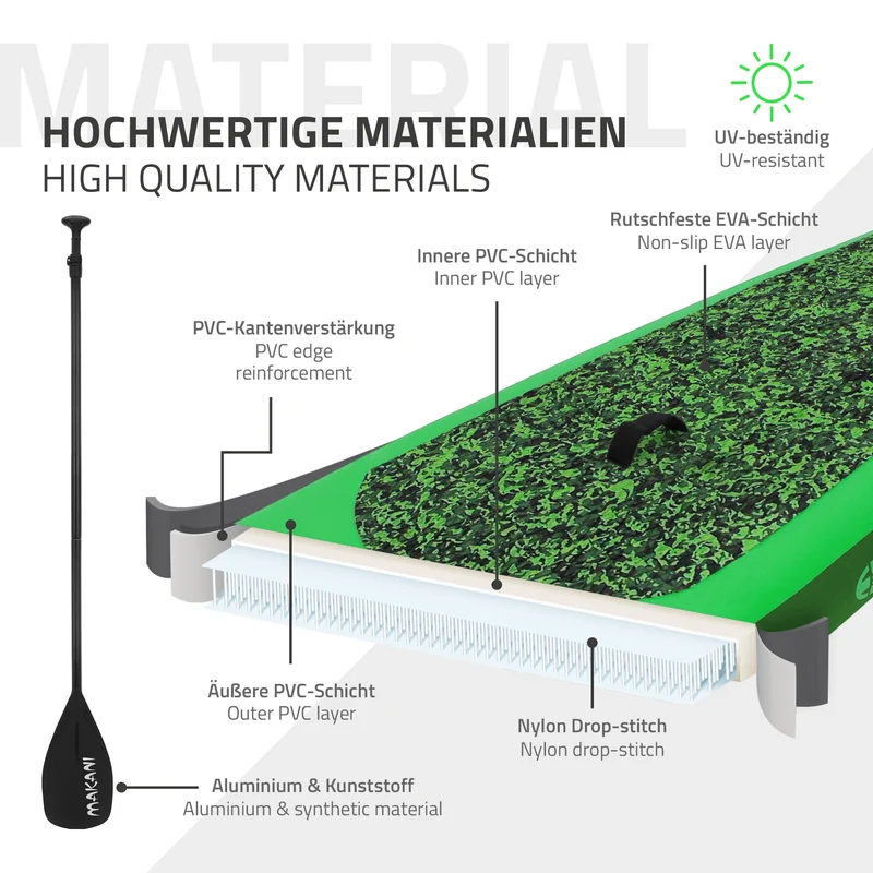 Stand Up Paddle aufblasbares SUP Board Makani 320x80x15 cm in Grün aus PVC inkl. Pumpe und Tragetasche