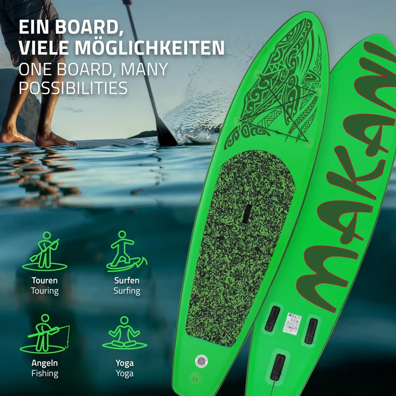 Stand Up Paddle aufblasbares SUP Board Makani 320x80x15 cm in Grün aus PVC inkl. Pumpe und Tragetasche