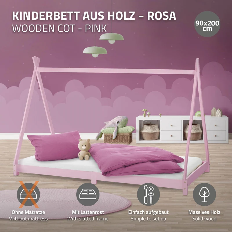 Kinderbett Tipi 90x200 cm Rosa aus Kiefernholz Holzbett mit Lattenrost ML-Design