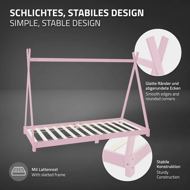 Kinderbett Tipi 90x200 cm Rosa aus Kiefernholz Holzbett mit Lattenrost ML-Design
