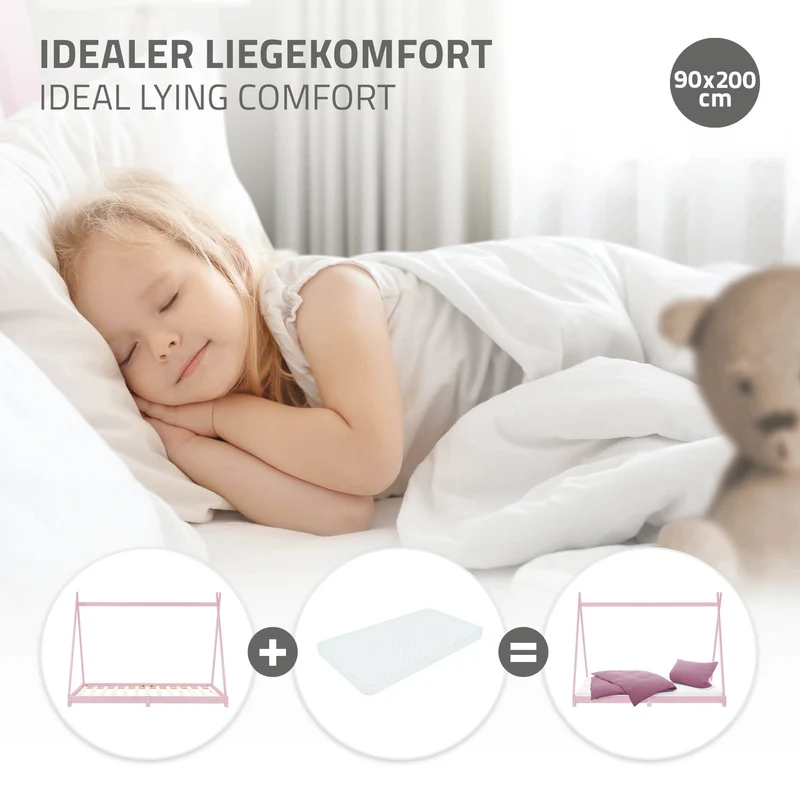 Kinderbett Tipi 90x200 cm Rosa aus Kiefernholz Holzbett mit Lattenrost ML-Design