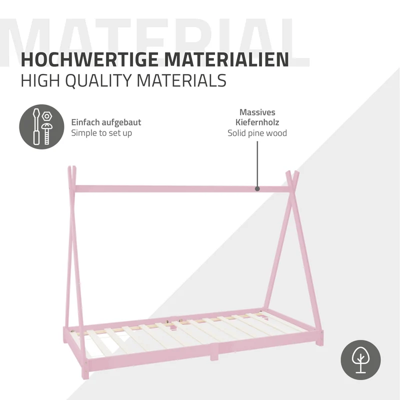 Kinderbett Tipi 90x200 cm Rosa aus Kiefernholz Holzbett mit Lattenrost ML-Design