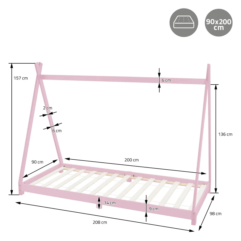 Kinderbett Tipi 90x200 cm Rosa aus Kiefernholz Holzbett mit Lattenrost ML-Design