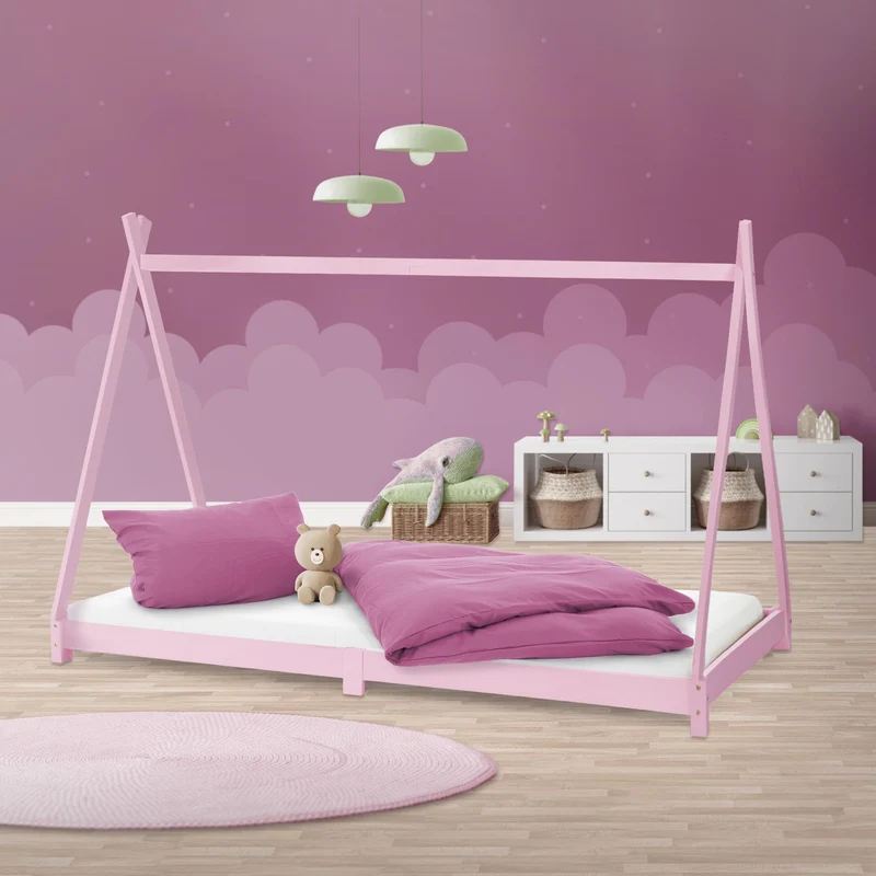 Kinderbett Tipi 90x200 cm Rosa aus Kiefernholz Holzbett mit Lattenrost ML-Design