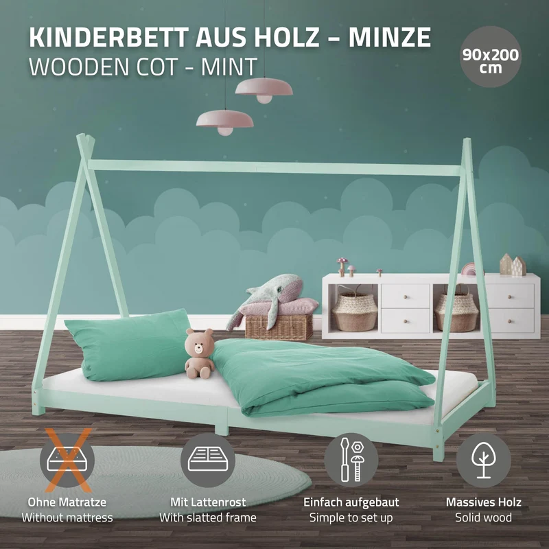 Kinderbett Tipi 90x200 cm Minze aus Kiefernholz Holzbett mit Lattenrost ML-Design