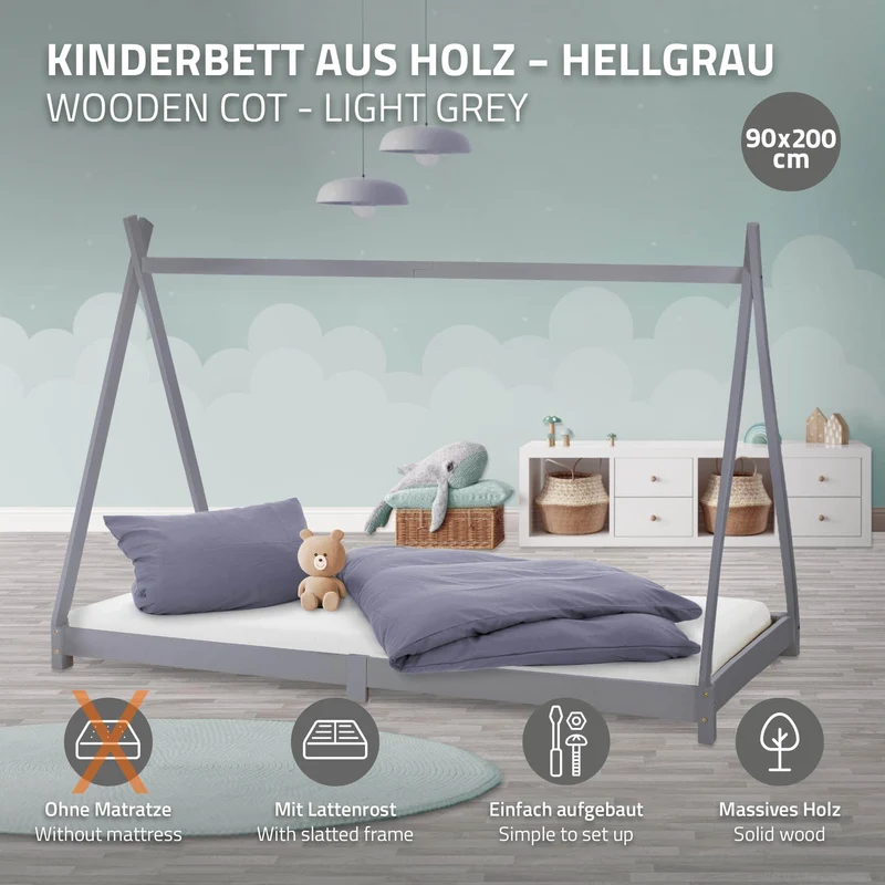 Kinderbett Tipi 90x200 cm Hellgrau aus Kiefernholz Holzbett mit Lattenrost ML-Design