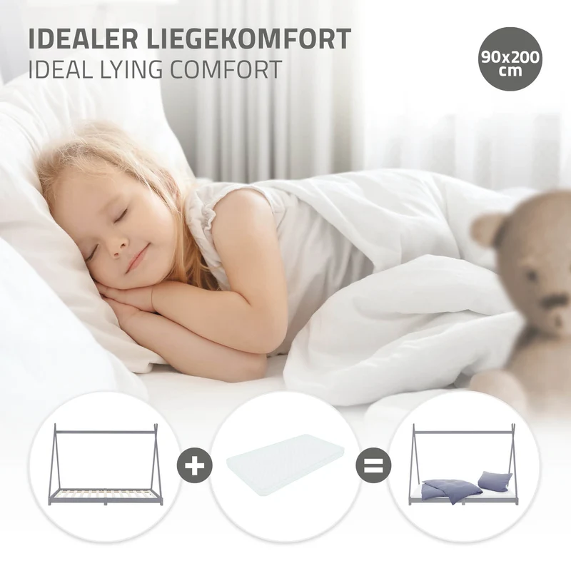 Kinderbett Tipi 90x200 cm Hellgrau aus Kiefernholz Holzbett mit Lattenrost ML-Design