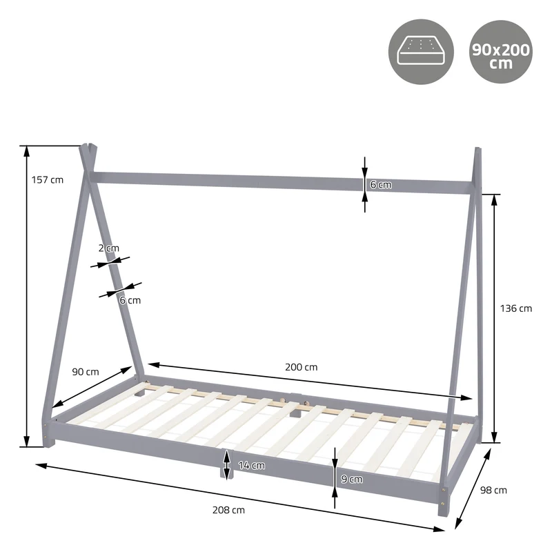 Kinderbett Tipi 90x200 cm Hellgrau aus Kiefernholz Holzbett mit Lattenrost ML-Design