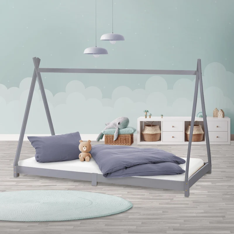 Kinderbett Tipi 90x200 cm Hellgrau aus Kiefernholz Holzbett mit Lattenrost ML-Design