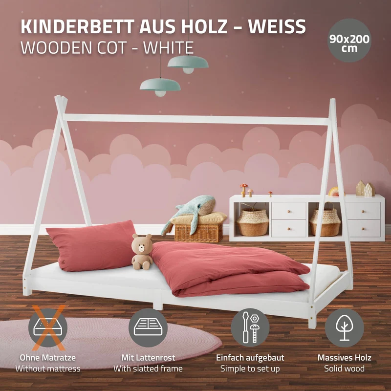 Kinderbett Tipi 90x200 cm Weiß aus Kiefernholz Holzbett mit Lattenrost ML-Design