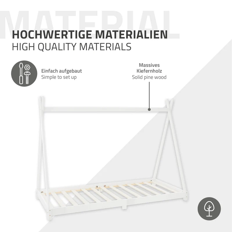 Kinderbett Tipi 90x200 cm Weiß aus Kiefernholz Holzbett mit Lattenrost ML-Design