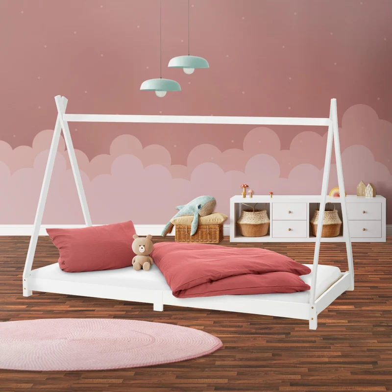 Kinderbett Tipi 90x200 cm Weiß aus Kiefernholz Holzbett mit Lattenrost ML-Design
