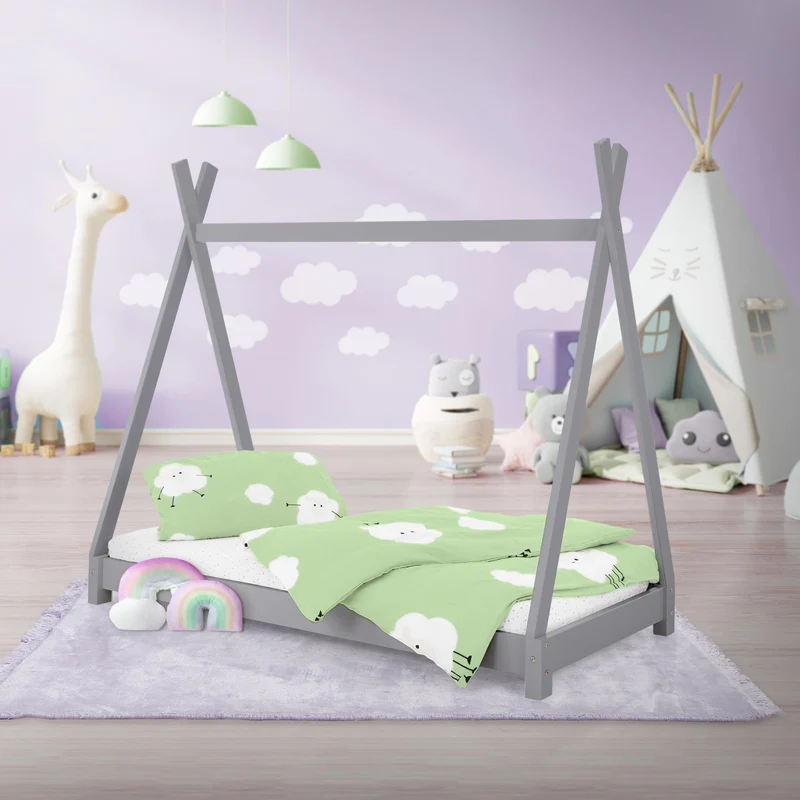 Kinderbett Tipi 80x160 cm Hellgrau aus Kiefernholz Holzbett mit Lattenrost ML-Design