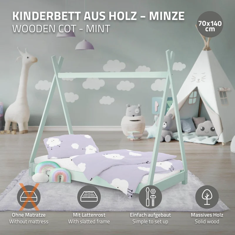 Kinderbett Tipi 70x140 cm Minze aus Kiefernholz Holzbett mit Lattenrost ML-Design
