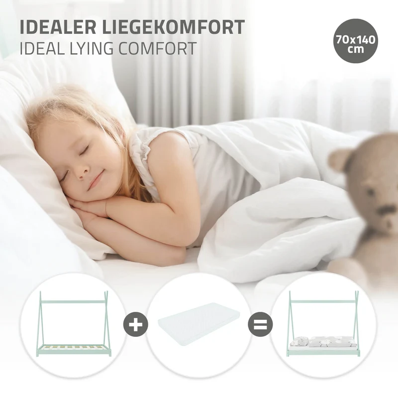 Kinderbett Tipi 70x140 cm Minze aus Kiefernholz Holzbett mit Lattenrost ML-Design