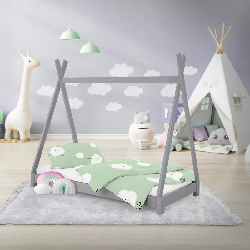 Kinderbett Tipi 70x140 cm Hellgrau aus Kiefernholz Holzbett mit Lattenrost ML-Design