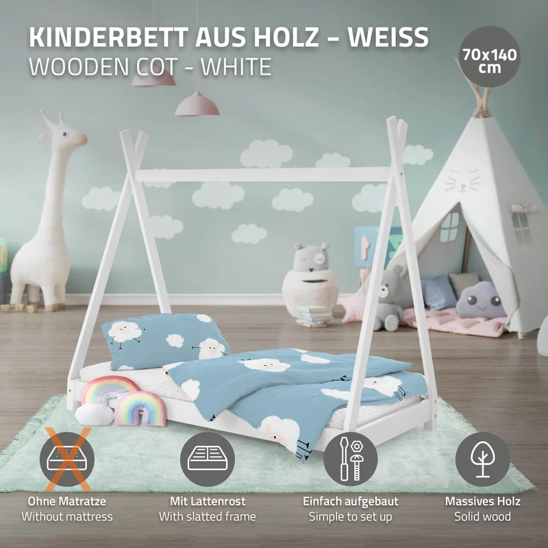 Kinderbett Tipi 70x140 cm Weiß aus Kiefernholz Holzbett mit Lattenrost ML-Design