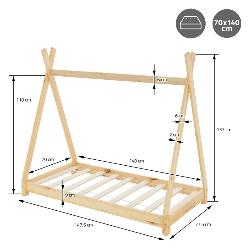 Kinderbett Tipi 70x140 cm aus Kiefernholz Holzbett mit Lattenrost ML-Design