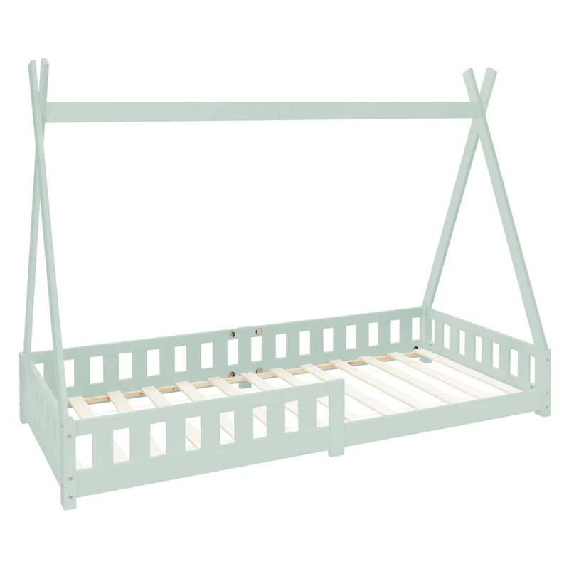 Kinderbett Tipi aus Kiefernholz mit Lattenrost, Rausfallschutz & Wahlweise Matratze ML-Design