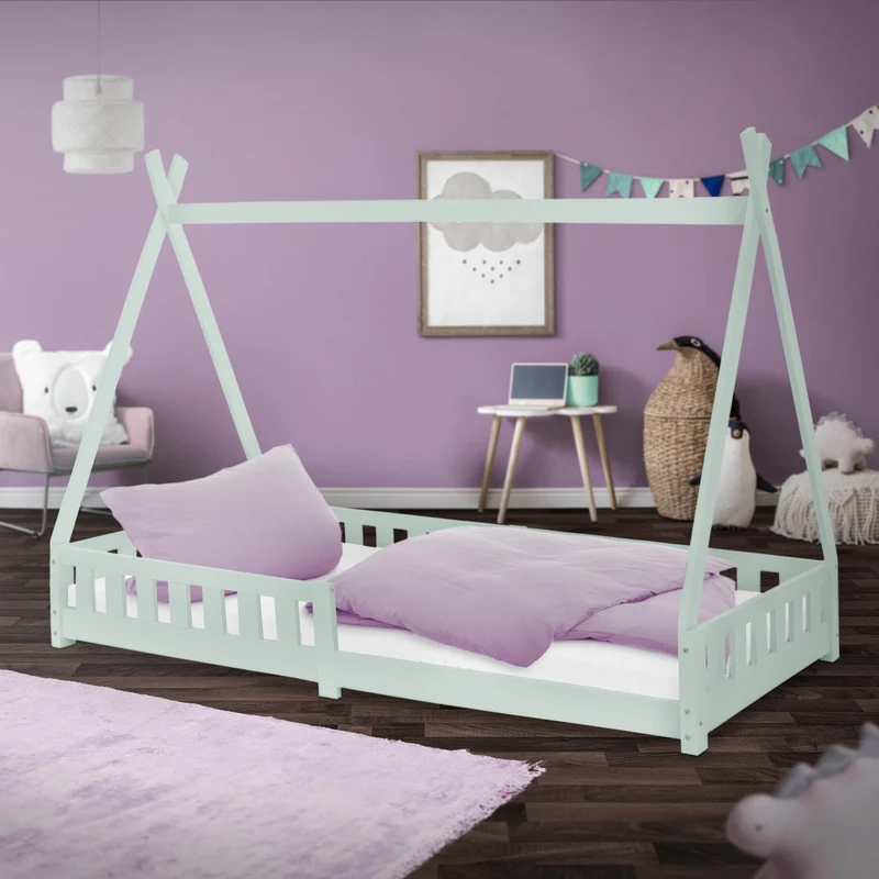 Kinderbett Tipi 90x200 cm Minze aus Kiefernholz mit Rausfallschutz und Lattenrost Holzbett ML-Design