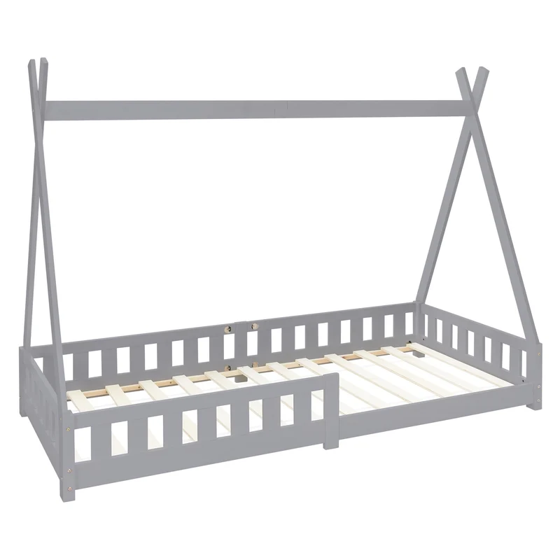 Kinderbett Tipi aus Kiefernholz mit Lattenrost, Rausfallschutz & Wahlweise Matratze ML-Design