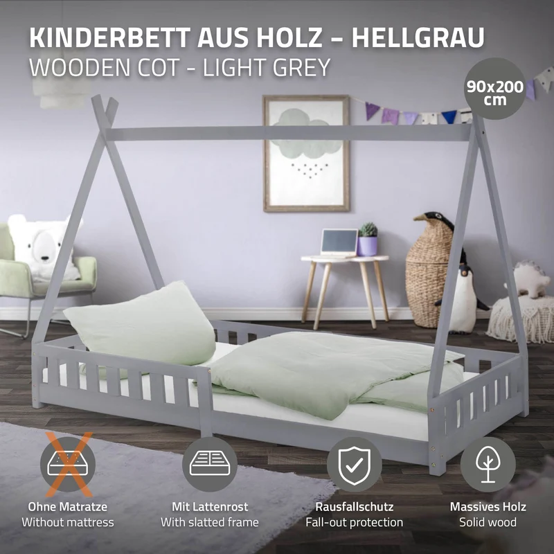 Kinderbett Tipi 90x200 cm Hellgrau aus Kiefernholz mit Rausfallschutz und Lattenrost Holzbett ML-Design