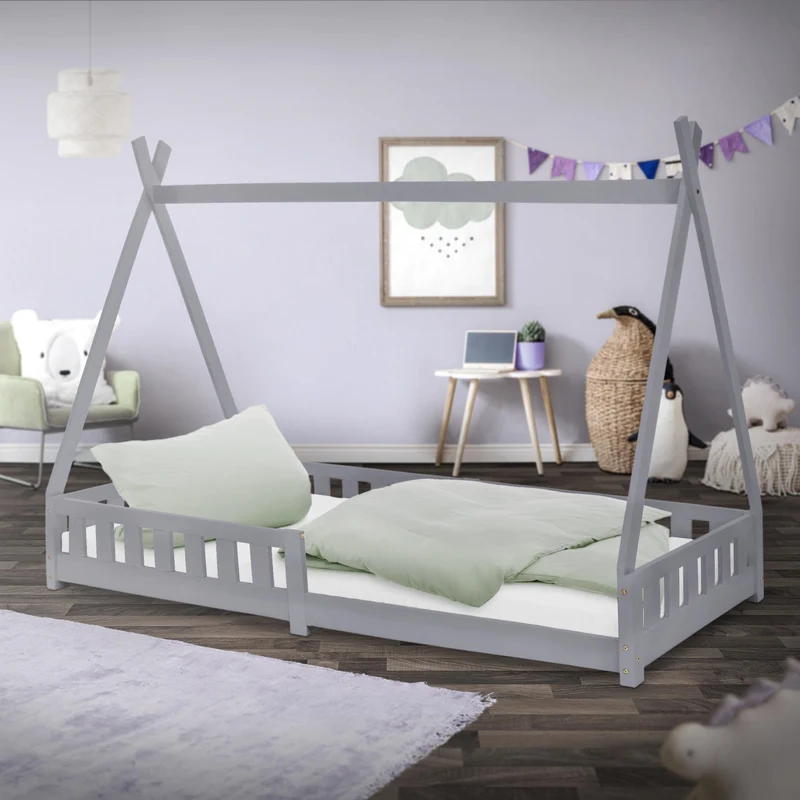 Kinderbett Tipi 90x200 cm Hellgrau aus Kiefernholz mit Rausfallschutz und Lattenrost Holzbett ML-Design