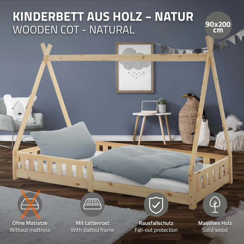 Kinderbett Tipi 90x200 cm aus Kiefernholz mit Rausfallschutz und Lattenrost Holzbett ML-Design