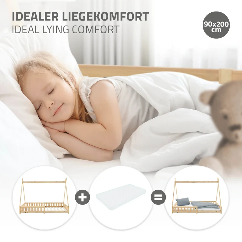 Kinderbett Tipi 90x200 cm aus Kiefernholz mit Rausfallschutz und Lattenrost Holzbett ML-Design