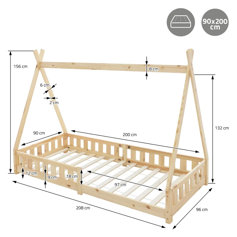 Kinderbett Tipi 90x200 cm aus Kiefernholz mit Rausfallschutz und Lattenrost Holzbett ML-Design