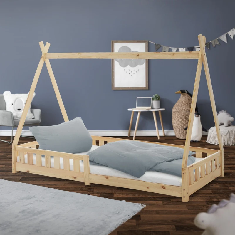Kinderbett Tipi 90x200 cm aus Kiefernholz mit Rausfallschutz und Lattenrost Holzbett ML-Design
