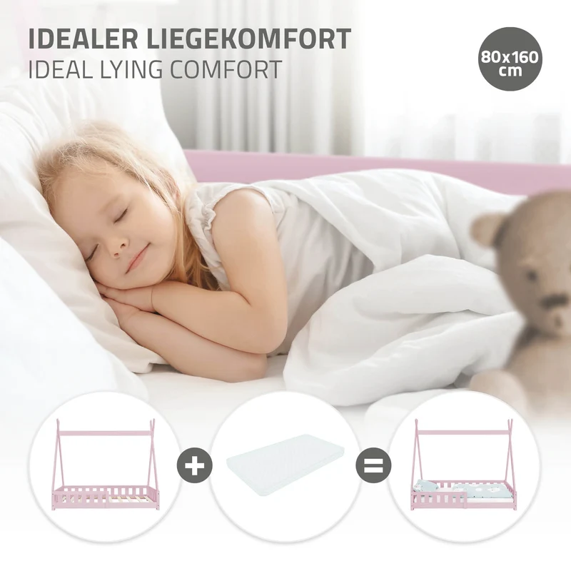 Kinderbett Tipi 80x160 cm Rosa aus Kiefernholz mit Rausfallschutz und Lattenrost Holzbett ML-Design