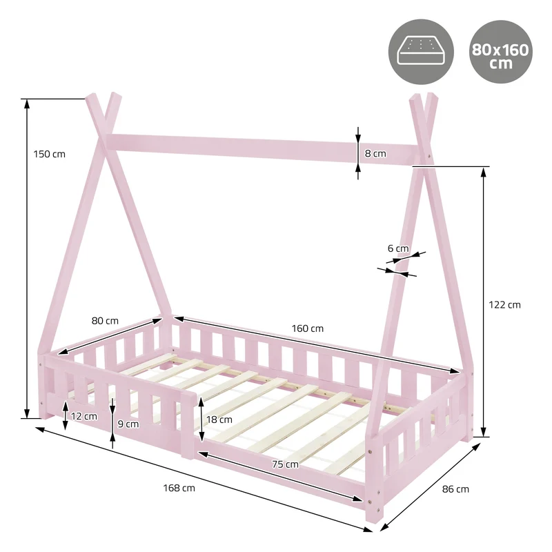 Kinderbett Tipi 80x160 cm Rosa aus Kiefernholz mit Rausfallschutz und Lattenrost Holzbett ML-Design