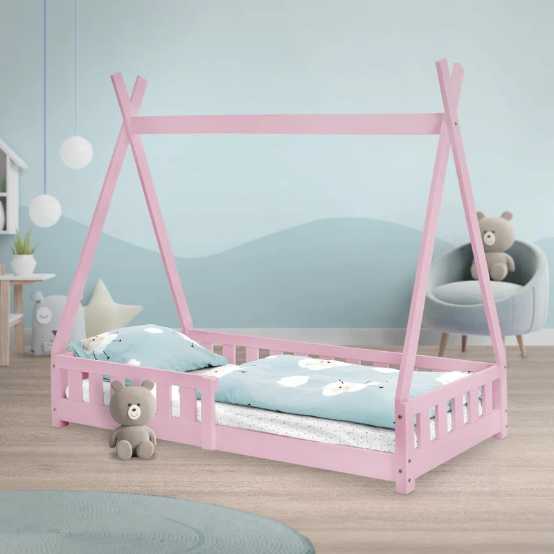 Kinderbett Tipi 80x160 cm Rosa aus Kiefernholz mit Rausfallschutz und Lattenrost Holzbett ML-Design