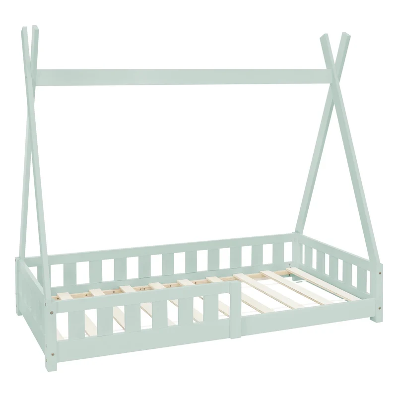 Kinderbett Tipi aus Kiefernholz mit Lattenrost, Rausfallschutz & Wahlweise Matratze ML-Design
