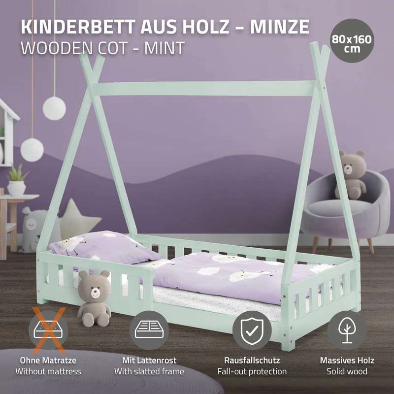 Kinderbett Tipi 80x160 cm Minze aus Kiefernholz mit Rausfallschutz und Lattenrost Holzbett ML-Design