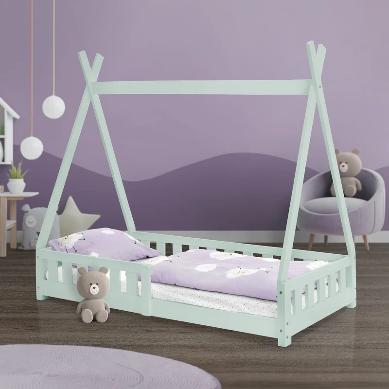 Kinderbett Tipi 80x160 cm Minze aus Kiefernholz mit Rausfallschutz und Lattenrost Holzbett ML-Design