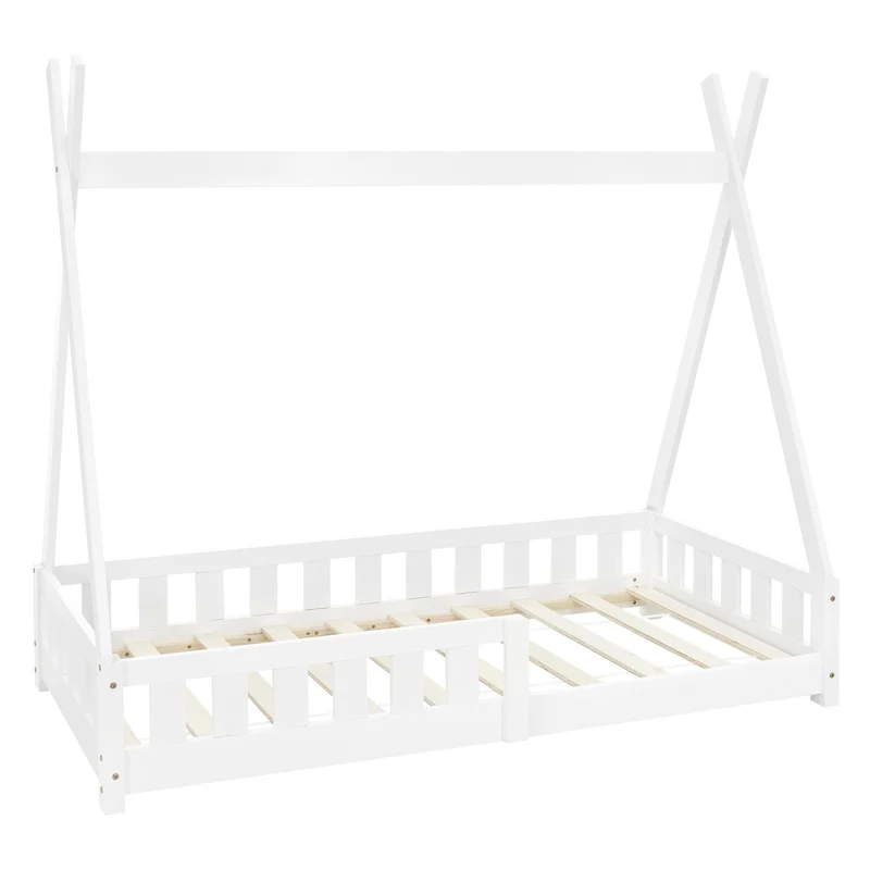 Kinderbett Tipi aus Kiefernholz mit Lattenrost, Rausfallschutz & Wahlweise Matratze ML-Design