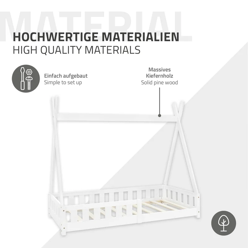 Kinderbett Tipi 80x160 cm Weiß aus Kiefernholz mit Rausfallschutz und Lattenrost Holzbett ML-Design