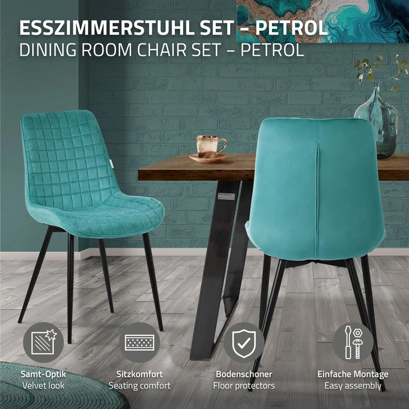 Esszimmerstuhl 6er Set Petrol mit Samtbezug und Stahlbeinen Küchenstuhl mit Rückenlehne ML-Design