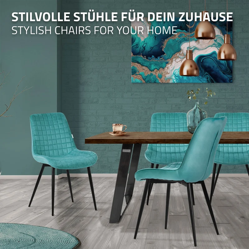 Esszimmerstuhl 6er Set Petrol mit Samtbezug und Stahlbeinen Küchenstuhl mit Rückenlehne ML-Design