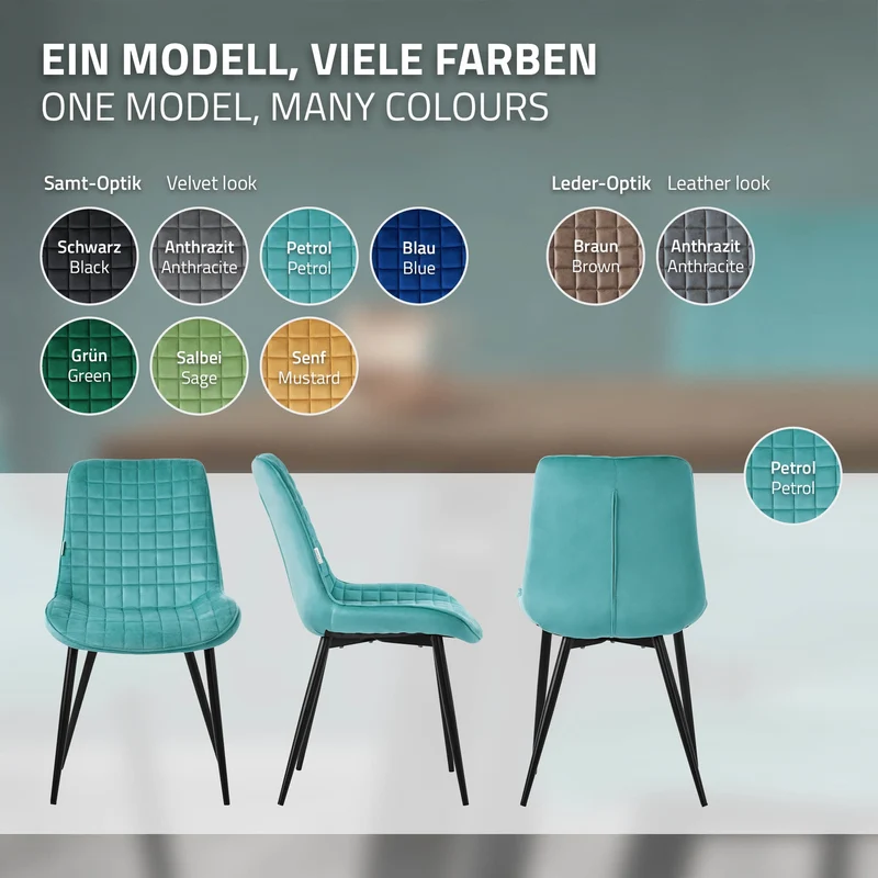 Esszimmerstuhl 6er Set Petrol mit Samtbezug und Stahlbeinen Küchenstuhl mit Rückenlehne ML-Design