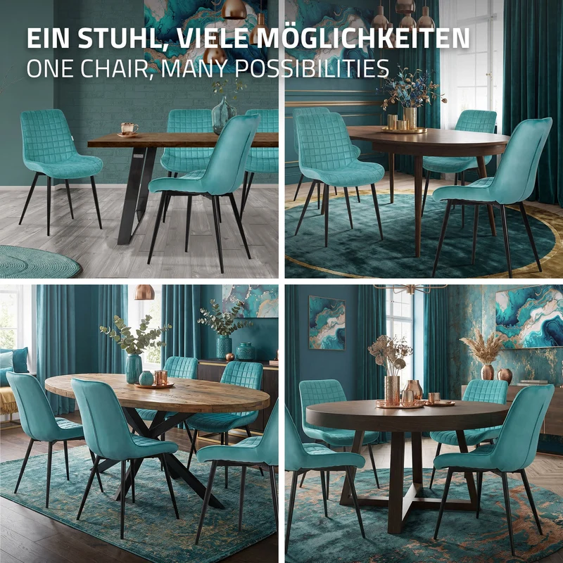 Esszimmerstuhl 4er Set Petrol mit Samtbezug und Stahlbeinen Küchenstuhl mit Rückenlehne ML-Design