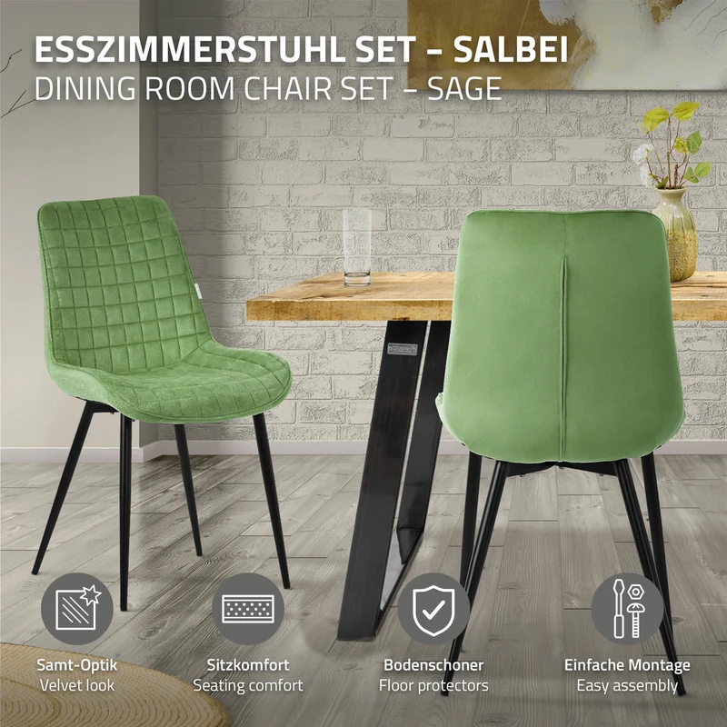 Esszimmerstuhl 4er Set Salbei mit Samtbezug und Stahlbeinen Küchenstuhl mit Rückenlehne ML-Design