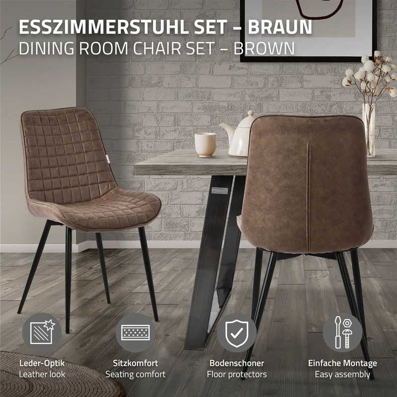 Esszimmerstuhl 4er Set Braun mit Kunstlederbezug und Stahlbeinen Küchenstuhl mit Rückenlehne ML-Design