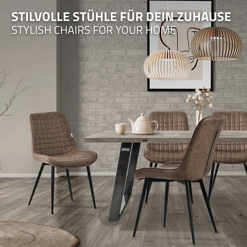 Esszimmerstuhl 4er Set Braun mit Kunstlederbezug und Stahlbeinen Küchenstuhl mit Rückenlehne ML-Design