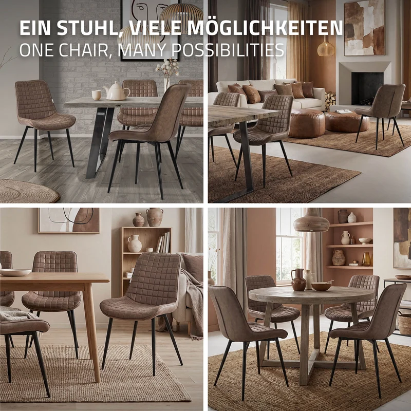 Esszimmerstuhl 4er Set Braun mit Kunstlederbezug und Stahlbeinen Küchenstuhl mit Rückenlehne ML-Design